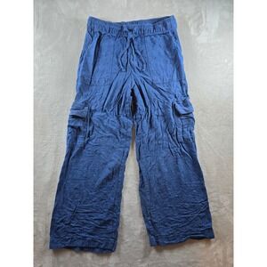 GAP Linen Blend Cargo Pants Womens M Blue Wide Leg Elastic Waist Boho *Read